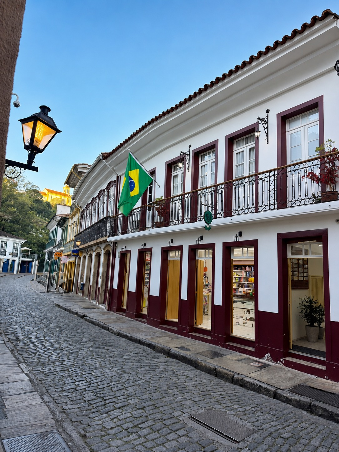 Rua de pedras do Centro Histórico de Ouro Preto com casario colonial branco e bandeira do Brasil